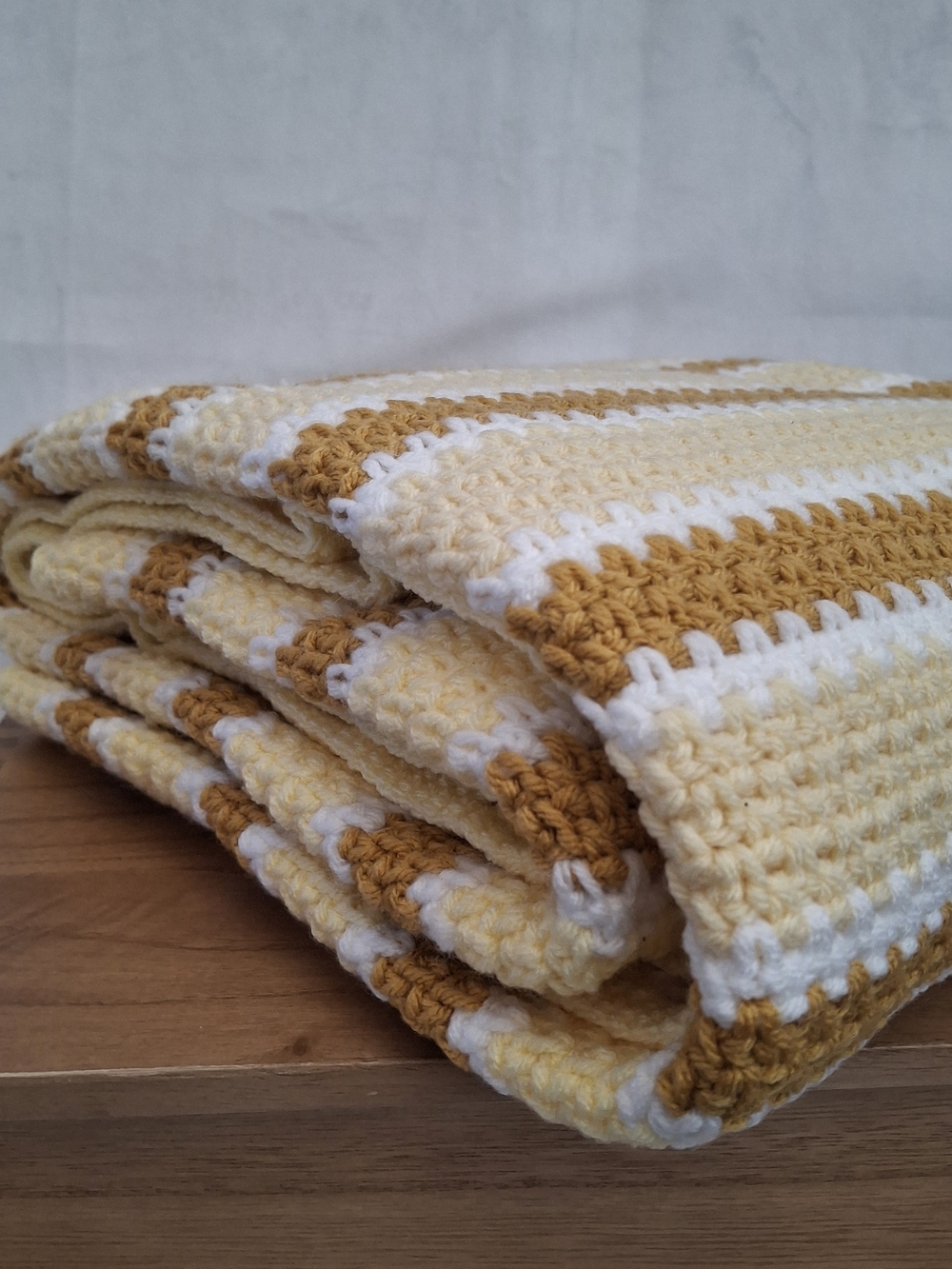 Hand-Crocheted Yellow and White Striped Throw Blanket, Winter, Cozy, Craft